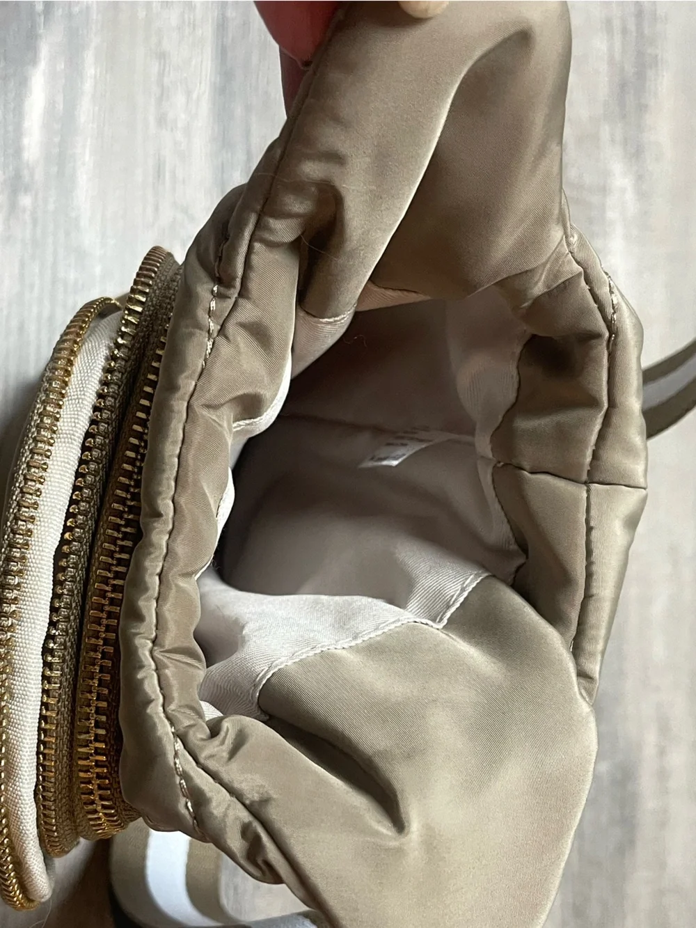 Quilted Light Beige Water Sling Bag with Gold Accent